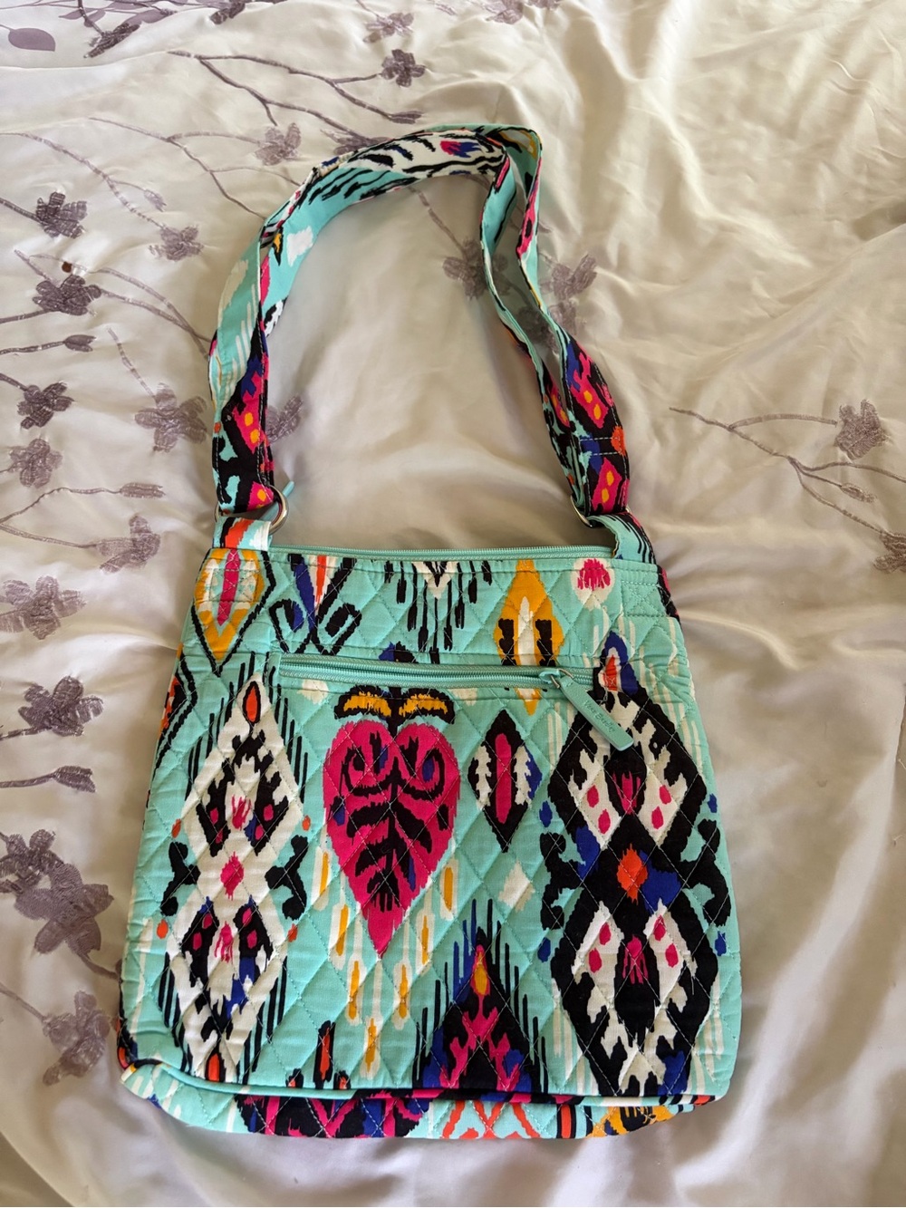 Vera Bradley Quilted Crossbody in Aqua with Pink, Black & Yellow Accents